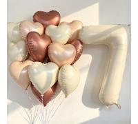 40 inch Cream Number 7th Balloons 16 Pcs Large Foil Helium Number Balloon with Neutral Cream Caramel Beige Brown Heart Balloons for the 7 Year Old Girl Boy 7th Birthday Party Decoration