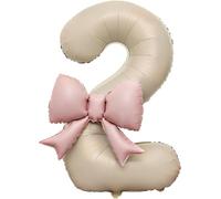 40 Inch Cream White Number 3 Balloon with Bow, Large Foil Helium Balloon for 2nd Birthday Decorations, Giant Milestone Number Balloons for Girls Boys Anniversary Baby Shower Party Prop (2nd)