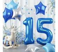 40 Inch Dark Blue Number Balloon 15, Large Royal Light Blue 15 Helium Mylar Balloon Decor, Self Inflating Silver Sky Blue Star Number 15 Foil Balloon for Boys 15th Birthday Party Graduation Decoration