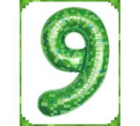 40 Inch Giant Green Pixel Miner Theme Number Foil Balloons, Numbers 9 Available, Large Mining Style Party Balloons for Kids' Birthday & Anniversary Decorations