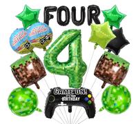40 Inch Green Pixel Miner Number 4 Balloon Set,15Pcs Large MIning Foil Metallic Balloons Video Game Themed Party Decorations Boys Girls Cubes Boxes (4th)