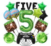 40 Inch Green Pixel Miner Number 5 Balloon Set,15Pcs Large MIning Foil Metallic Balloons Video Game Themed Party Decorations Boys Girls Cubes Boxes (5th)