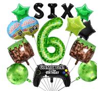 40 Inch Green Pixel Miner Number 6 Balloon Set,15Pcs Large MIning Foil Metallic Balloons Video Game Themed Party Decorations Boys Girls Cubes Boxes (6th)