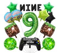 40 Inch Green Pixel Miner Number 9 Balloon Set,15Pcs Large MIning Foil Metallic Balloons Video Game Themed Party Decorations Boys Girls Cubes Boxes (9th)