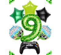 40 Inch Green Pixel Miner Number 9 Balloon Set, 7Pcs Large MIning Foil Metallic Balloons Video Game Themed Party Decorations for Kids' Birthday Anniversary Party
