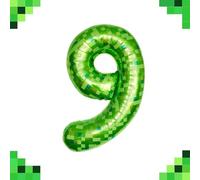40 Inch Green Pixel Miner Number 9 Foil Balloons Large Mylar Mining Theme 9th Number Balloon for Boys Girls Video Game Birthday Decorations Pixel Game Party Supplies