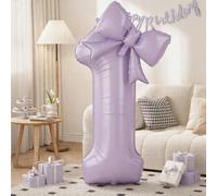 40 Inch Light Purple Number 1 with Bow Balloon for 1st Birthday Decoration, Giant Self Inflating Lavender Foil Numbers 0-9 with Bow, Pastel Purple Lilac 1 Helium Balloon for Anniversary Birthday Party
