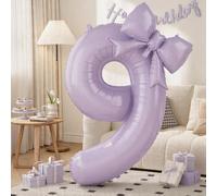 40 Inch Light Purple Number 9 with Bow Balloon, Giant Self Inflating Lavender Foil Numbers 0-9 with Bow for 9th Birthday Decoration Pastel Purple Lilac 9 Helium Balloons for Anniversary Party Supplies