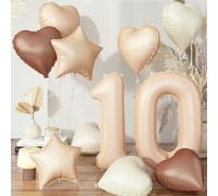 40 Inch Number 10 Balloon Decor, Cream Retro Apricot Brown Foil Neutral Heart 10 Balloons with Taupe Star Helium Balloon for Girls Boys 10th Birthday Anniversary Wedding Party Decoration Supplies