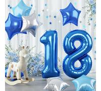 40 Inch Number 18 Balloons for Men, Dark Metallic Blue Large 18th Birthday Balloon Decor, Silver Light Royal Sky Teal Blue Self Inflating Star Foil Mylar 18 Balloon for Women Birthday Party Decoration