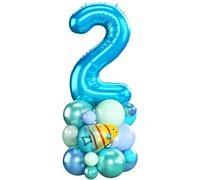 40 Inch Number 2 Balloon Blue Ocean Under the Sea Number Two Foil Balloons Tower with Shark Bubble Fish for Boys Second 2nd Birthday Party Decor Blue Green Underwater World Digital Mylar Balloon Stack