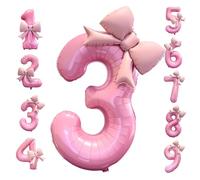 40 Inch Number 3 Balloon Pink with Bow - Large Foil Mylar 3th Birthday Balloons for Girls Party Decorations Supplies, Big Nine Balloon for 3 Year Old