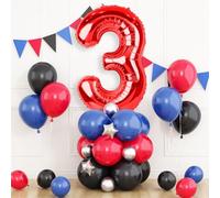40 Inch Number 3 Balloon Red, Balloon Tower with Red Blue Black Balloons and Metallic Silver Star Foil Balloons for Boys 3rd Birthday Party Decor Theme Party Supplies
