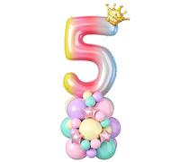 40 Inch Number 5 Balloon Rainbow Gradient Number 5 Foil Balloons Giant Digital Five Balloon Tower Stand with Crown Large Big Balloons Stack for Girls Women 5th Birthday Anniversary Party Decorations