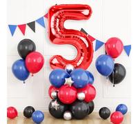 40 Inch Number 5 Balloon Red, Balloon Tower with Red Blue Black Balloons and Metallic Silver Star Foil Balloons for Boys 5th Birthday Party Decor Theme Party Supplies