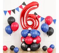 40 Inch Number 6 Balloon Red, Balloon Tower with Red Blue Black Balloons and Metallic Silver Star Foil Balloons for Boys 6th Birthday Party Decor Theme Party Supplies