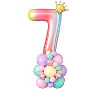 40 Inch Number 7 Balloon Rainbow Gradient Number 7 Foil Balloons Giant Digital Seven Balloon Tower Stand with Crown Large Big Balloons Stack for Girls Women 7th Birthday Anniversary Party Decorations