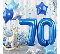 40 Inch Number 70 Balloons for Men, Dark Metallic Blue Large 70th Birthday Balloon Decor, Silver Light Royal Sky Teal Blue Self Inflating Star Foil Mylar 70 Balloon for Women Birthday Party Decoration