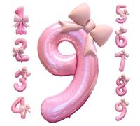 40 Inch Number 9 Balloon Pink with Bow - Large Foil Mylar 9th Birthday Balloons for Girls Party Decorations Supplies, Big Nine Balloon for 9 Year Old (NUMBER 9)
