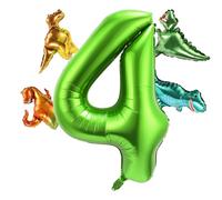 40 Inch Number Balloon with 4 Cute Dinosaur Balloons, Aluminum Foil Large Numeral Balloons Green Dino Balloons Set for Boys Girls Jungle Themed Birthday Party Decoration Supplies (Number 4)