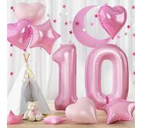 40 Inch Pastel Pink 10 Balloon, Large Baby Pink Balloon Number with Heart Star Foil Balloon Princess Party Decor, Number 10 Helium Balloons Set for Girls 10th Birthday Party Anniversary Decorations