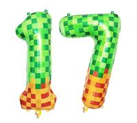 40 Inch Pixel Number 17 Balloon, Jumbo Green Checkered Foil Mylar Balloons for Video Game Party Decorations, Gamer Theme 17th Birthday Supplies Balloon, Level Up Anniversary Decor, Reusable Balloons