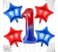 40 Inch Spider Theme Number 1 Balloons Set, Large Red Blue 1 Balloon Number 18 Inch Star Foil Balloons for Spider 1st Party Birthday Decorations Spider Party Supplies