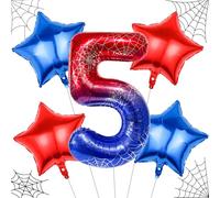 40 Inch Spider Theme Number 5 Balloons Set, Large Red Blue 5 Balloon Number 18 Inch Star Foil Balloons for Spider 4th Party Birthday Decorations Spider Party Supplies