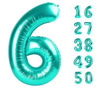 40 Inch Teal Balloon Number 6 Balloons,6 Foil Mylar Helium Large Digital Balloon Teal Birthday Numbers Jumbo Balloons 16th or 61st Anniversary Party Decorations Supplies
