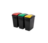 40 Litre Plastic Set of 3 Recycling 40 litre Waste Utility Bins, Black colour coded Lids Green, Red, Yellow