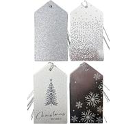 40 Luxury Silver Gift Tags for Christmas - 4 Elegant Foil Designs - Pre-Attached Silver String - Writable Blank Reverse - 11.5 x 6.2cm - (2 Packs) of 20 Luxury Tags