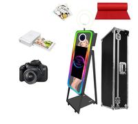 40" Magic Mirror Photo Booth with 21.5" Touch Screen, Portable Photo Booth Machine with RGB LED Fill Light & Flight Case for Weddings Parties Events (Black, Photo Booth + Printer + Camera)