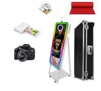 40" Magic Mirror Photo Booth with 21.5" Touch Screen, Portable Photo Booth Machine with RGB LED Fill Light & Flight Case for Weddings Parties Events (White, Photo Booth + Printer + Camera)