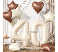 40 Number Balloons Set - Cream White, Beige, Brown Sand With Foil Star Heart and Long Balloons for 40th Birthday Party, 4th Kids Baby Shower Decoration