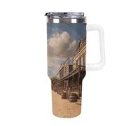 40 Oz Coffee Old Wild West Cowboy Town Tumbler with Lids And Straws Leakproof Thermal Cup Double Vacuum Insulated Stainless Steel Sport Water Bottle Cup Travel Mug for Hot Cold Drinks- White Handle