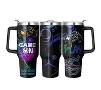40 Oz Gamer Tumbler with Handle and Straw, Double Wall Coffee Travel Gaming Mug Leak Proof, Stainless Steel Gamer Cup with Handle and Straw, Reusable Insulated Water Bottle 40 Oz Gifts for Boyfriend