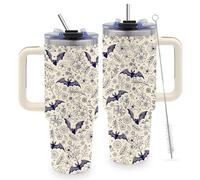 40 Oz Halloween Tumbler, Beige Bat Goth Water Bottle with Handle and Straw, Stainless Steel Coffee Travel Mug Cup, Christmas Halloween Birthday Gifts for Men, Women, Friends