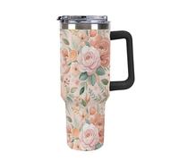 40 oz Insulated Tumbler with Handle and Lid & Straw Stainless Steel Vacuum Water Bottle Reusable Travel Mug for Men & Women Black Handle Peony