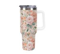 40 oz Insulated Tumbler with Handle and Lid & Straw Stainless Steel Vacuum Water Bottle Reusable Travel Mug for Men & Women White Handle Peony