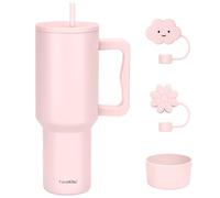 40 oz Insulated Tumbler with Handle and lid, Vacuum Double Walled Stainless Steel Travel Mug, Fits for car Cup Holder, Leak Proof, Keep Beverages Cold for 30 Hours (Light Pink + 2 Straw Covers)