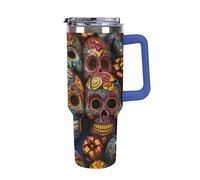 40 Oz Insulated Water Bottle with Handle, Colorful Sugar Skulls Printed Double Wall Travel Reusable Thermos, Leak-Proof Cup, Keeps Water Hot Or Cold
