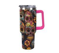 40 Oz Insulated Water Bottle with Handle, Colorful Sugar Skulls Printed Double Wall Travel Reusable Thermos, Leak-Proof Cup, Keeps Water Hot Or Cold