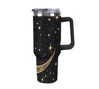 40 Oz Insulated Water Bottle with Handle, Crescent Moon Pattern on Black Background Printed Double Wall Travel Reusable Thermos, Leak-Proof Cup, Keeps Water Hot Or Cold