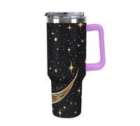 40 Oz Insulated Water Bottle with Handle, Crescent Moon Pattern on Black Background Printed Double Wall Travel Reusable Thermos, Leak-Proof Cup, Keeps Water Hot Or Cold