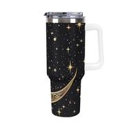 40 Oz Insulated Water Bottle with Handle, Crescent Moon Pattern on Black Background Printed Double Wall Travel Reusable Thermos, Leak-Proof Cup, Keeps Water Hot Or Cold