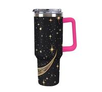40 Oz Insulated Water Bottle with Handle, Crescent Moon Pattern on Black Background Printed Double Wall Travel Reusable Thermos, Leak-Proof Cup, Keeps Water Hot Or Cold