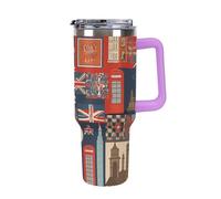 40 Oz Insulated Water Bottle with Handle, England Symbols Printed Double Wall Travel Reusable Thermos, Leak-Proof Cup, Keeps Water Hot Or Cold