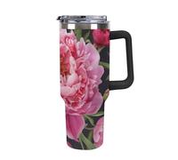 40 Oz Insulated Water Bottle with Handle, Garden Peony Printed Double Wall Travel Reusable Thermos, Leak-Proof Cup, Keeps Water Hot Or Cold