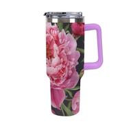 40 Oz Insulated Water Bottle with Handle, Garden Peony Printed Double Wall Travel Reusable Thermos, Leak-Proof Cup, Keeps Water Hot Or Cold