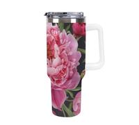 40 Oz Insulated Water Bottle with Handle, Garden Peony Printed Double Wall Travel Reusable Thermos, Leak-Proof Cup, Keeps Water Hot Or Cold